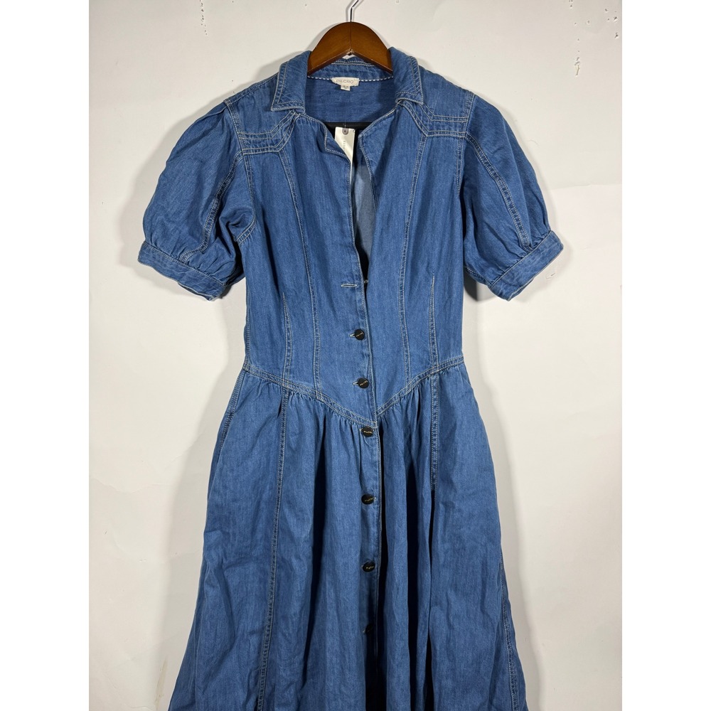 Pilcro Anthropologie Denim Midi Dress Blue Puff Sleeve Button Front Pockets 8